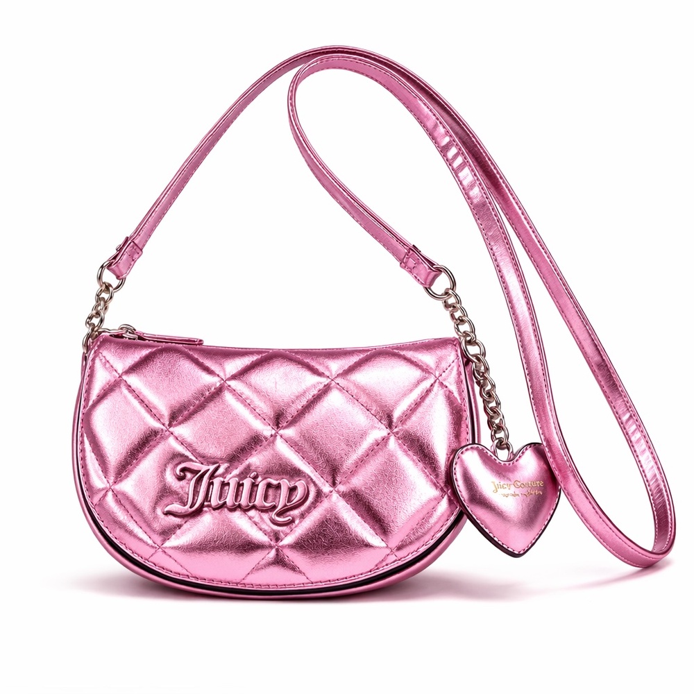 NWT Juicy Couture Metallic Pink Quilted Saddle Crossbody Bag Heart Charm